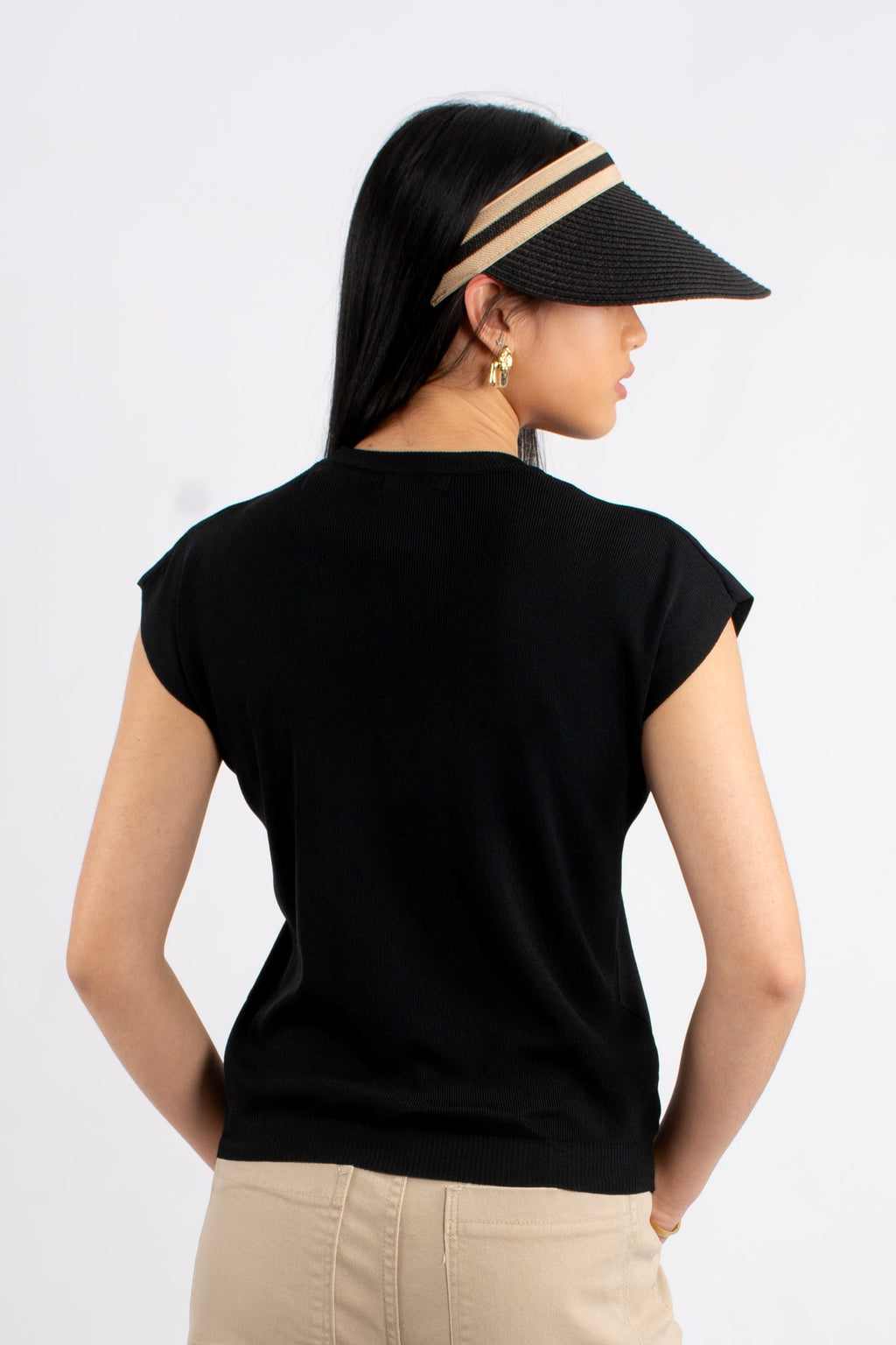 Crew Neck Cap Sleeve Top - Black