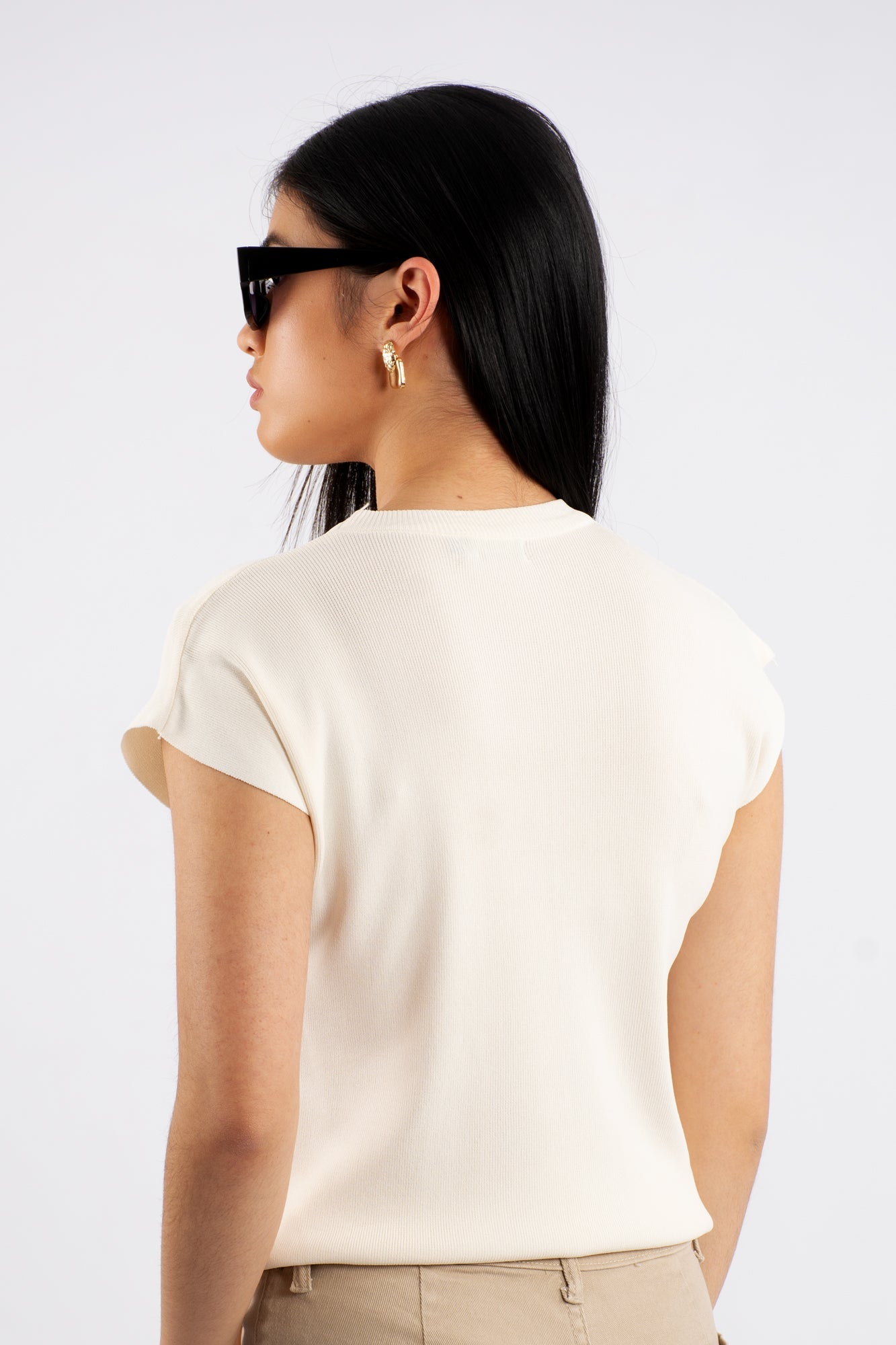 Crew Neck Cap Sleeve Top - Cream