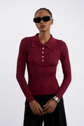 Rib Knit Polo Shirt - Burgundy